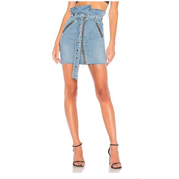 GRLFRND Ava Medium Blue Wash Zip Denim Skirt Grommet Belt Frayed Hem Paperbag 32 - Picture 1 of 13